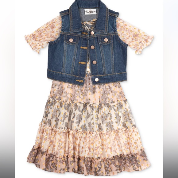 Rare Editions Mixed Print Tiered dress with denim vest, size 7 - Picture 2 of 7